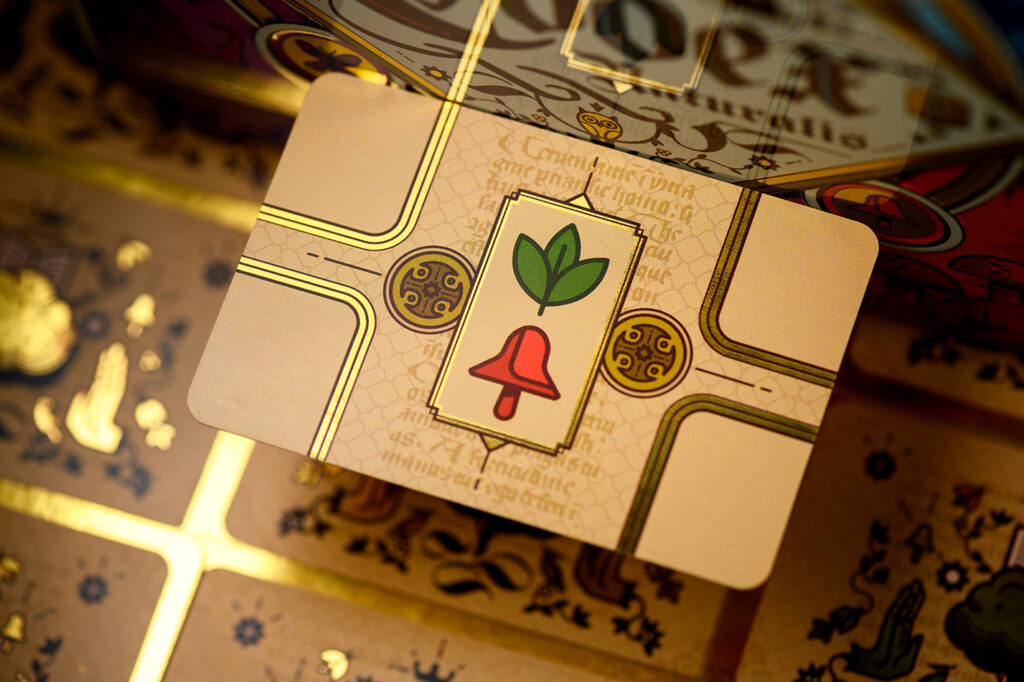 Verso d'une carte de départ du jeu Codex Naturalis. Au milieu, un symbole feuille  vert et un symbole champignon orange.
Source : studio Bombyx